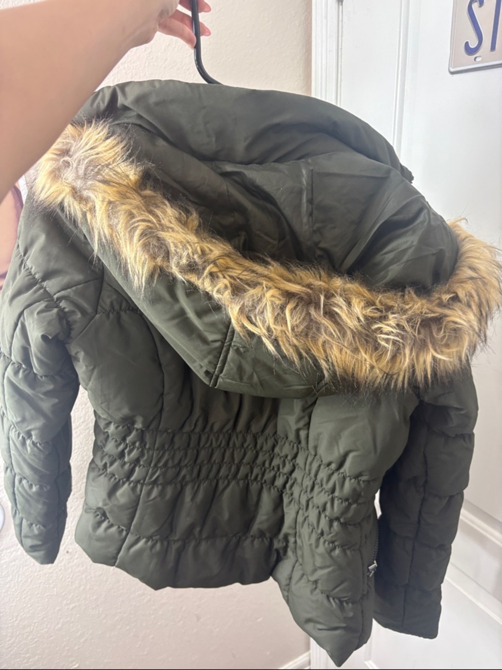Maralyn & Me Olive Green Hooded Puffer with Faux Fur Trim